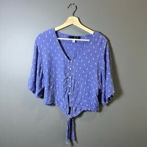Blue Rain Lightweight Blue Short Sleeve Blouse Top with tie front size Medium